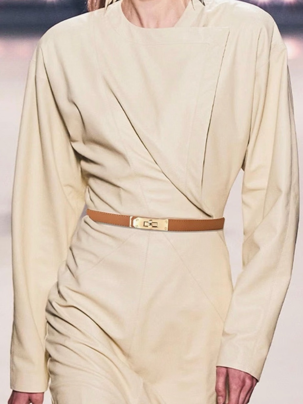 Ina Slim Tan Leather Waist Belt with Gold Turn-Lock